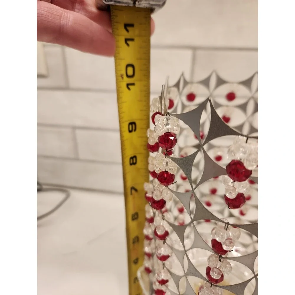 MCM Style 70s Or 80s Candle Holder Glass Base‎ With Beaded And Metal Tin Shade